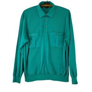 Retro Vintage Collared Pullover Blue Green Polo 2 Pocket Golf Shirt M